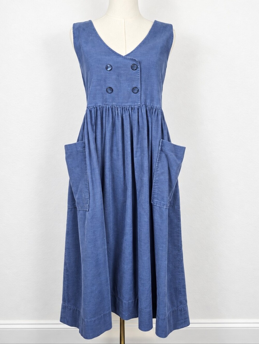 Vintage 70s Handmade Blue Corduroy Pinafore Jumper Dress Prairie Cottagecore M/L